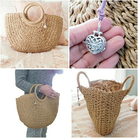 NEW - LARGE BOHO HEART LOCKET WOVEN RATTAN BAG - Picture 7 of 8